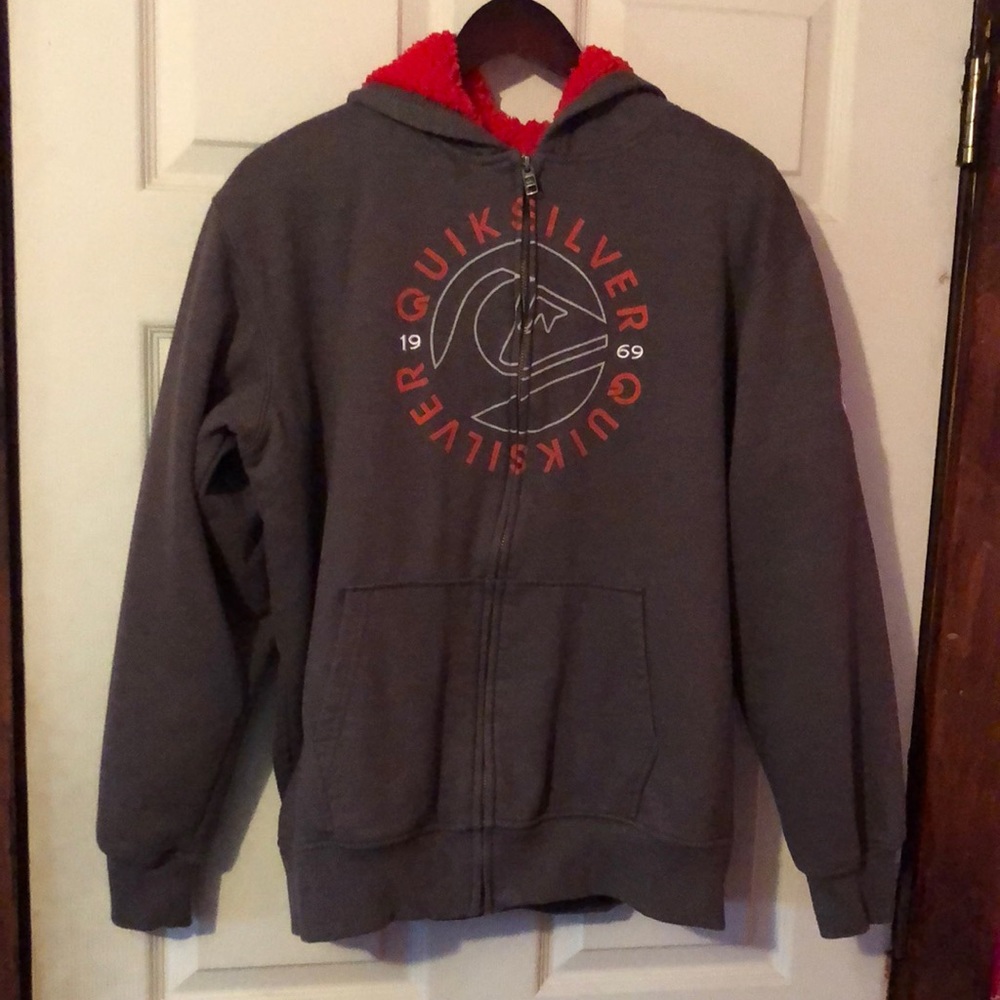 Quiksilver Gray Logo Embroidered Sherpa Fleece Zip Up Hoodie Boys XL 18/20